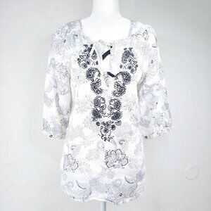 Malvin Hamburg White Linen Paisley Floral Embroidered Tunic Tasseled Top Germany